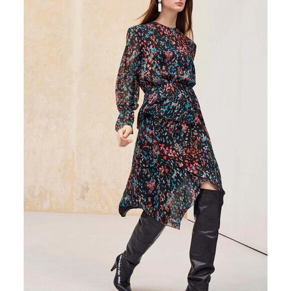 IRO Blank Dress Black Floral Print Asymmetric Chiffon Long Sleeves SZ 10 US - Picture 2 of 8